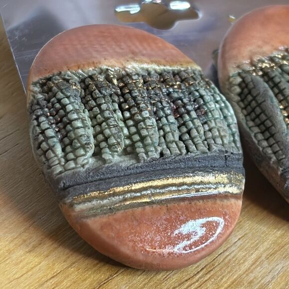 Vintage brown ceramic oval clip on art decorative bohemian earrings - Picture 2 of 7